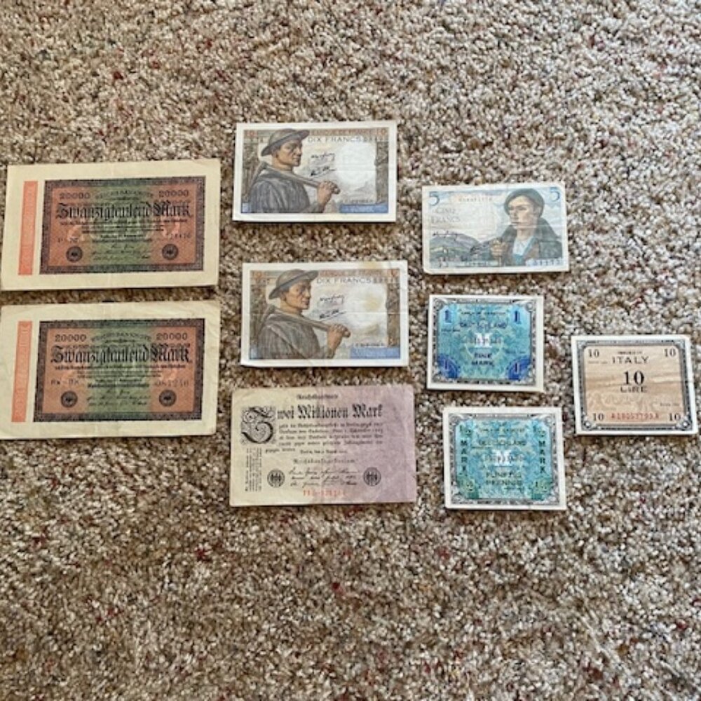Various Banknotes from WWI & WWII Era, Germany, France & Italy – Lot of 9